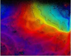 Changes in intrinsic reflectance during visual stimulation in different parts of the visual field can be used to map retinotopic organization. Shown here is a surface view of the primary visual cortex in squirrel, color-coded for the vertical position of a stimulus in the visual field. Data was obtained by analyzing the phase of the reflectance change to a bar of light cycling from fovea to periphery at 0.1 Hz.