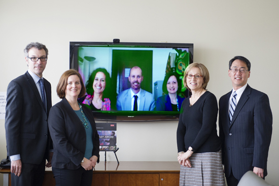 Global Programs team members, David Lamitie (from left), Jill Costello, Amala Perez-Juez, Michael Peplar, Elisabeth Convento, Debra Terzian, and Willis Wang are developing online courses that smooth students’ transitions through study abroad.
