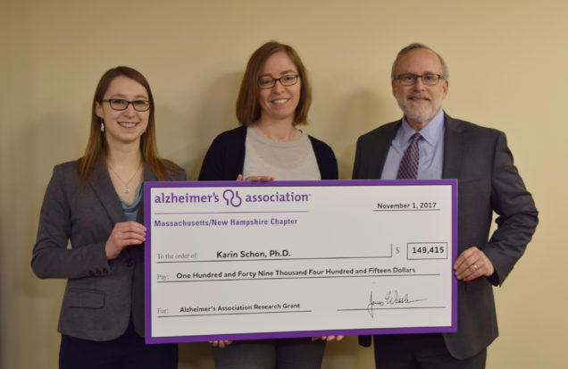L to R: Kelsey Gosselin, manager of Medical Research Engagement at the Alzheimer’s Association; Karin Schon, PhD, assistant professor of Anatomy & Neurobiology; and Robert Stern, PhD, director of the BU Alzheimer’s Disease Center Clinical Core.