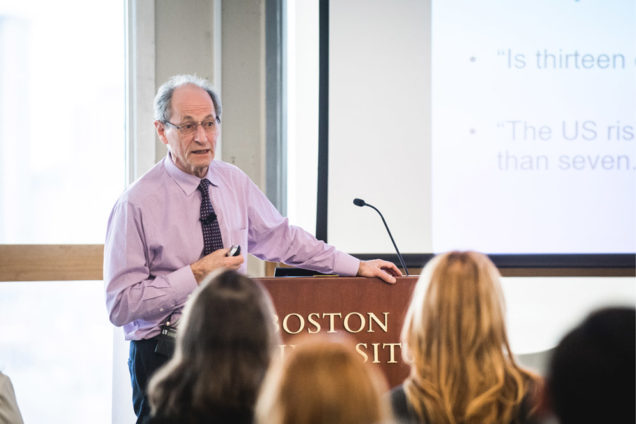 Sir Michael Marmot, a University College London professor of epidemiology and director of its Institute of Health Equity, was the keynote speaker at the BU Medical Campus Annual Health Equity Symposium on April 10. “Why treat people and then send them back to the conditions that made them sick?” he asked. Photo by Jackie Ricciardi