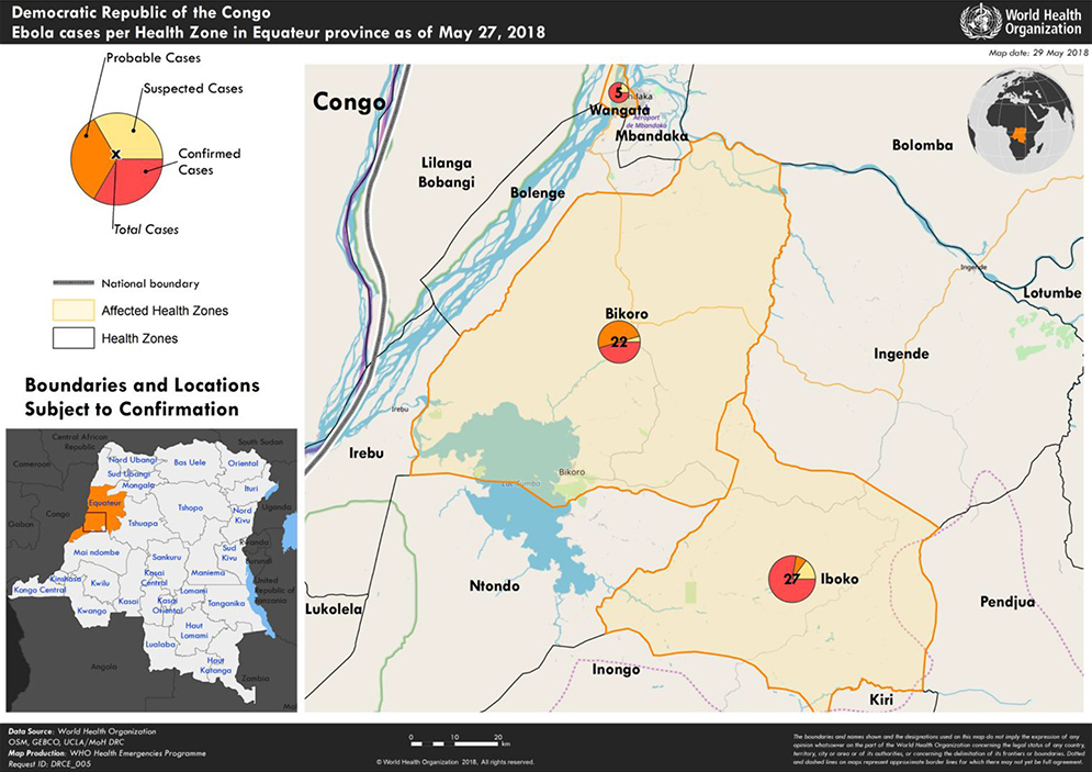 Geographical distribution of the Ebola virus disease cases in Equateur Province, Democratic Republic of the Congo, as of May 27, 2018. Map courtesy of the World Health Organization