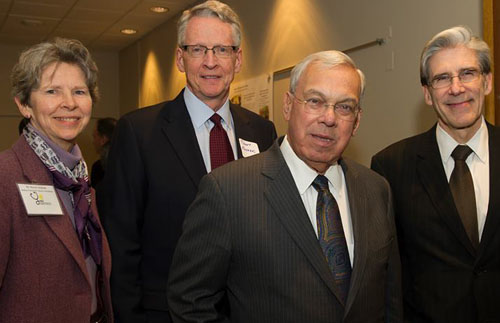 BUSM Dean Karen Antman, BUSPH Dean Robert Meenan and Harvard School of Public Health Dean Julio J. Frenk pose with Mayor Tom Menino at the Boston Public Health Commission's 2013 Mayoral Prize for Innovations in Primary Care award ceremony, honoring Boston Medical Center for their work in addiction medicine.