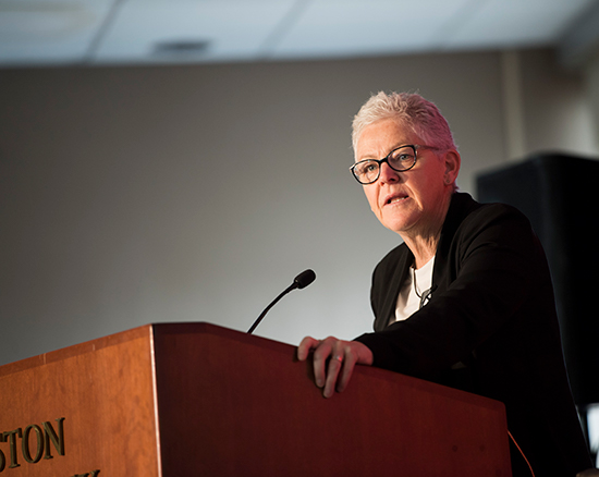 Former EPA administrator Gina McCarthy gave the keynote address at the April 20 SPH climate change symposium. “I want you to stop talking about what isn’t happening in Washington, D.C., and I want you to see what is happening is cities across the United States,” she said. Photo by Cydney Scott