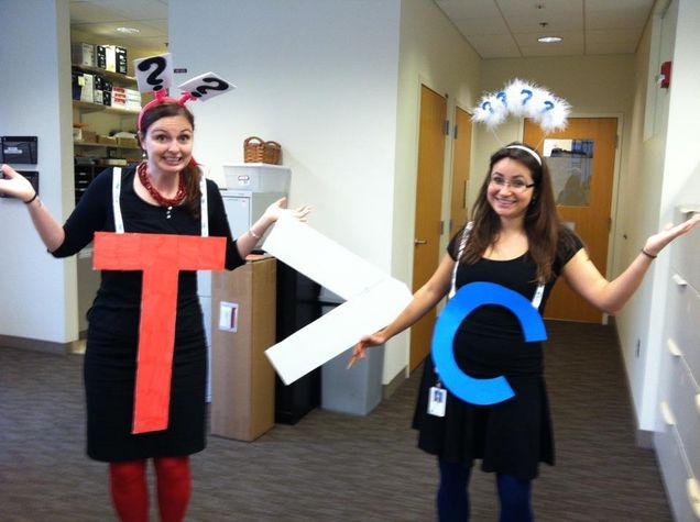 VUS_Halloween (1) BU grads Kat and Diana, now both lab genetic counselors, dressed as a variant of unknown significance for Halloween!