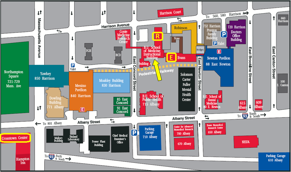 The Pulmonary Center is located in the R (Housman), E (Evans), and Crosstown buildings.  Our central office is located in R-304.  Access to the Pulmonary Center Office (and R and E Building offices and labs) is indicated by the yellow arrow.