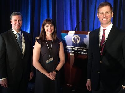 Stephanie Talutis, MD, MPH, presented at the 2018 AAES annual meeting. With her are (L) David McAneny, MD, and (R) Thurston Drake, MD, MPH