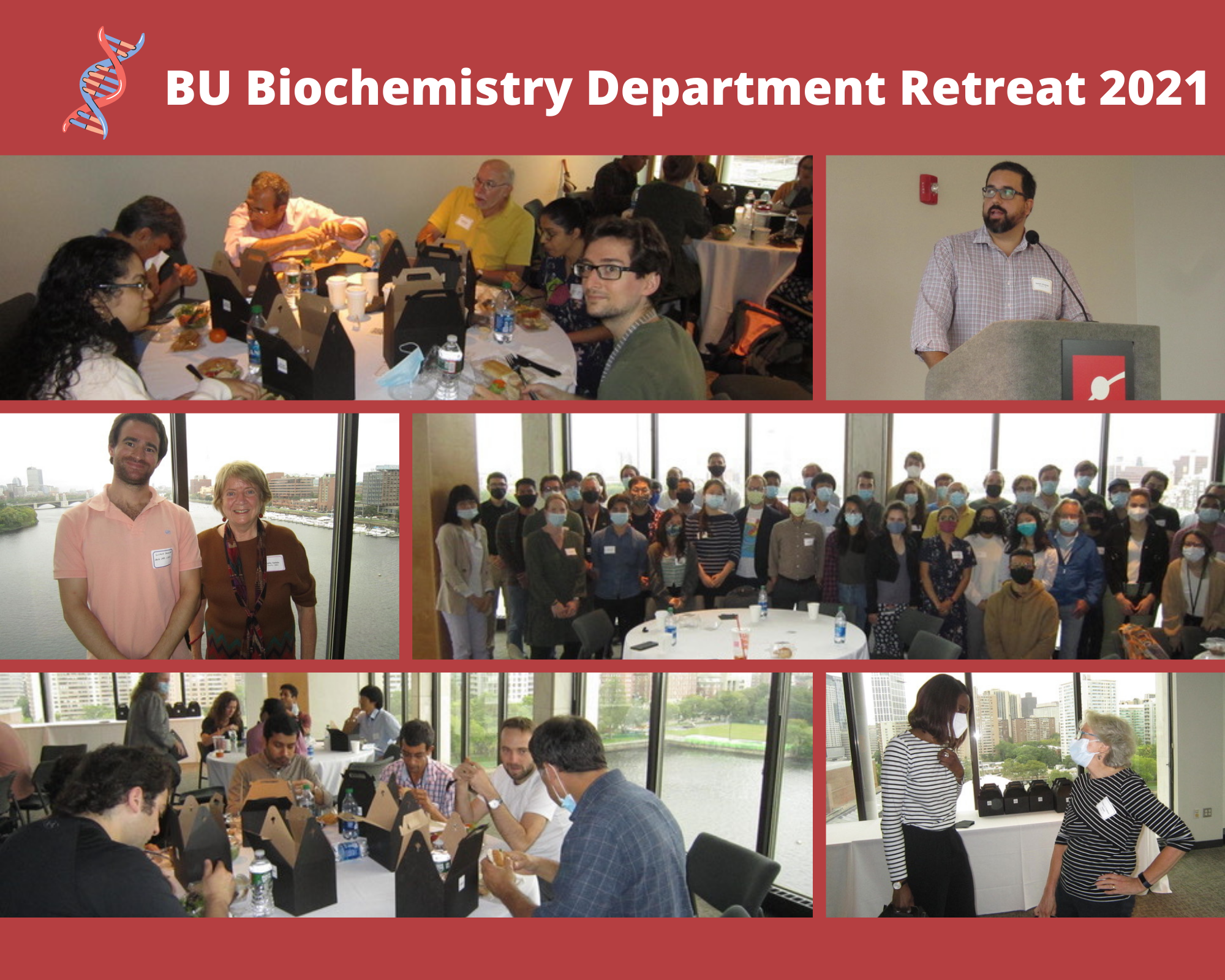 a collage of photos of people at the retreat talking and eating