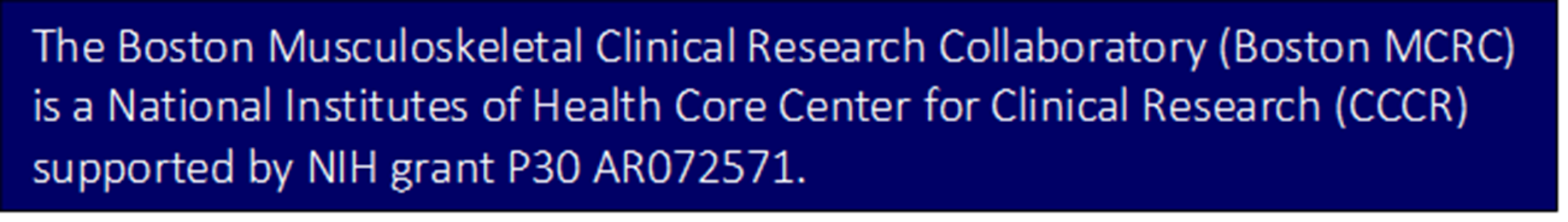The Boston Musculoskeletal Clinical Research Collaboratory (Boston MCRC) is a National Institutes of Health Core Center for Clinical Research (CCCR) supported by NIH grant P30 AR072571.