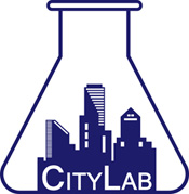 citylab logo blue city in a beeker
