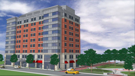 BUSM Residence rendering with trees web BUSM student residence rendering.