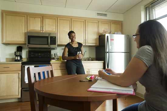 Ellis and her roommate, Lauren Ferrerosa (MED’15), live in one of the residence’s 104 two-bedroom suites.