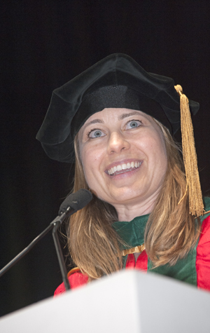 Jessie Gaeta, medical director of the Boston Health Care for the Homeless Program’s Barbara McInnis House, addressed graduates at the School of Medicine’s Convocation Saturday morning. Photo by Frank Curran