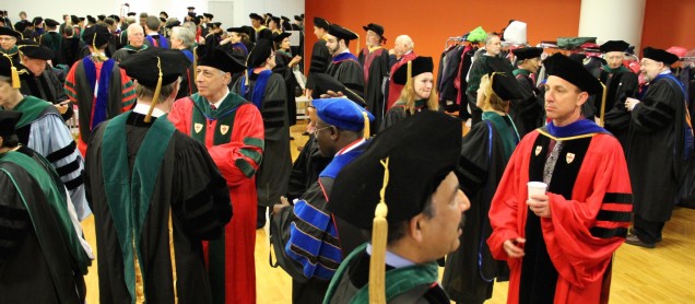 Faculty gathered in their colorful regalia.