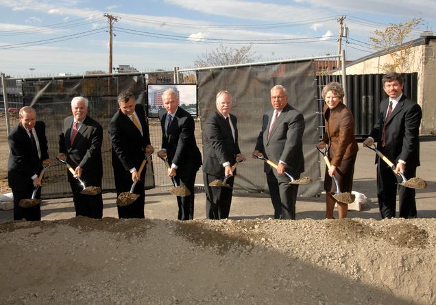 (Left to right) Richard Towle, Fallon Towle & Associates; Robert Stanstell, Beacon Architectural Associates; Gary Nicksa, Vice President for Operations, Boston University; Joseph Fallon, Fallon Towle & Associates; Robert Brown, President, Boston University; Thomas Menino, Mayor of Boston; Karen Antman, Dean, Boston University School of Medicine; Michael Coleman, Beacon Architectural Associates