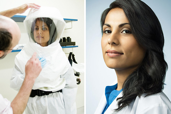 Caption Nahid Bhadelia, a MED assistant professor and director of infection control and medical response at NEIDL, returned to Sierra Leone a year after helping fight the Ebola epidemic there (left). She interviewed health care workers her online fundraising campaign is helping. Photos by Jackie Riccardi (left) and courtesy of BMC