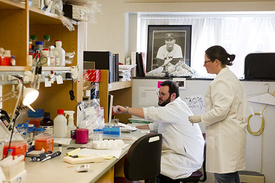 Research, like that done by Greg Wasserman (MED’16) (left) and Katrina Traber, a MED assistant professor, in BU’s Pulmonary Center, earned the School of Medicine a best-ever ranking from US News. Photo by Cydney Scott