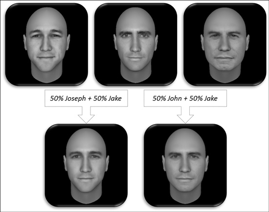 To stimulate subregions of the hippocampus, Schon lab members developed a pattern separation test that challenges participants to differentiate images with overlapping features. Computer software has morphed these images of famous faces (from left, Joseph Gordon Levitt, Jake Gyllenhaal, and John Travolta) to be 50-50 Levitt and Gyllenhall (bottom left) and 50-50 Gyllenhaal and Travolta. With so much overlap, the similarities and differences between these photos are hard to decipher. Image courtesy of Schon