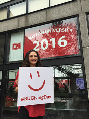 Gift cochair Juliana Zeta Freeman (CAS’16) hopes for a strong senior participation in the 2016 #BUGivingDay 24-hour fundraiser. Photo by Andrew Parlato