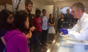 Thor Stein, MD, PhD, gives Museum of Science summer interns first-hand exposure to research on the human brain at the VA BU Concussion Legacy Foundation Brain Bank led by Ann McKee, MD.