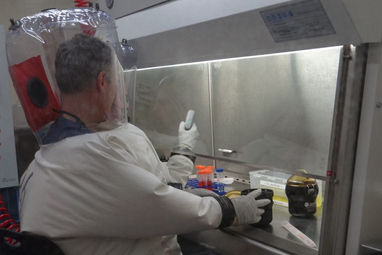 A scientist in full protective gear working in a biosafety cabinet with laboratory equipment.