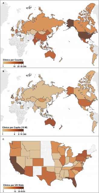 Locations of Stem-Cell-Based Clinics (A) Clinics per country, top ten countries by number of clinics: USA (187 clinics), India (35), Mexico (28), China (23), Australia (19), UK (16), Thailand (14), Malaysia (12), Germany (11), and Indonesia (7). (B) Clinics per capita (10 M), top ten concentrations of clinics in countries per capita (in descending order): Cayman Islands (364.4), Bahamas (86.7), Ireland (11.2), Singapore (10.0), Australia (8.1), New Zealand (6.8), USA (6.0), Qatar (5.9), United Arab Emirates (4.2), and Malaysia (4.2). (C) Clinics per US state. Top five states: CA (49), FL (35), NY (15), PA (11), and AZ (10). No sites were recorded in HI and AK, not shown. Grey indicates no clinics recorded. Reprinted from “Global Distribution of Businesses Marketing Stem Cell-Based Interventions,” Cell Stem Cell, Volume 19, Issue 2, 4 August 2016, Pages 158–162, with permission from Elsevier and Berger et al