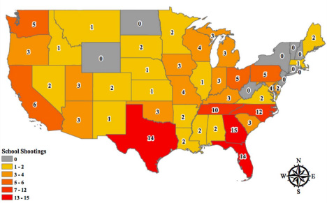 Incidents of school shootings between 2013 and 2015