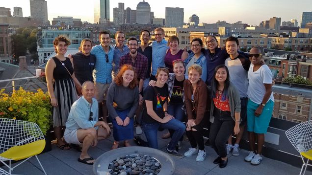 Students from the three schools on the Medical Campus join BUSM faculty Ann Zumwalt, Associate Professor of Anatomy; Thea James, Associate Professor of Emergency Medicine; and Rafael Ortega, Associate Dean of Diversity and Multicultural Affairs, at a reception held nearby in the South End.