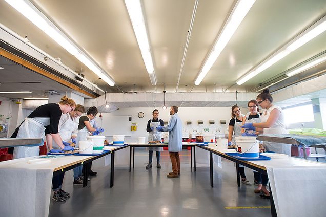 Undergraduates from across the country and instructor Joseph Goodliffe (MED’16) (center, in blue coat) study the anatomy of the brain in a MED lab. 