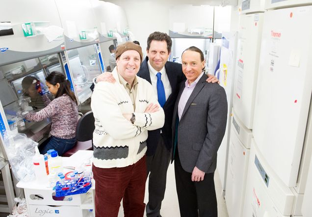 Gustavo Mostoslavsky (from left), Darrell Kotton, and George Murphy, founders of BU’s Center for Regenerative Medicine (CReM). CReM researchers won the 2017 AAMC Sharing Research Resources Award for their commitment to open-source biology. Photo by Jackie Ricciardi