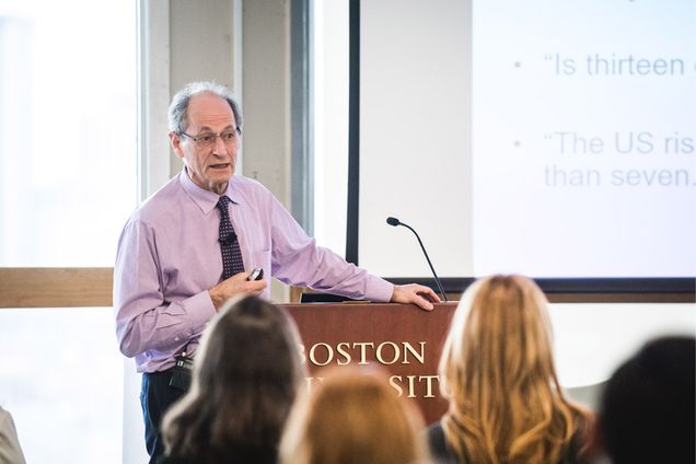 Sir Michael Marmot, a University College London professor of epidemiology and director of its Institute of Health Equity, was the keynote speaker at the BU Medical Campus Annual Health Equity Symposium on April 10. “Why treat people and then send them back to the conditions that made them sick?” he asked. Photo by Jackie Ricciardi