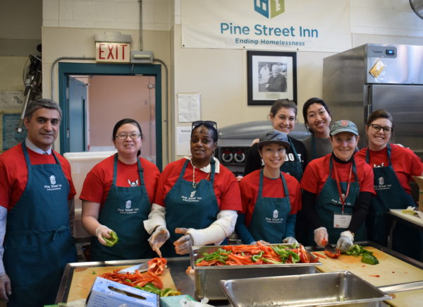 At the Pine Street Inn (L to R) Fredric Majnoun, Elaine Lee, Wanda Roberts, Amanda Tan, Julie Yogman. (Back Row) Edith Yun Lin, Melissa Solomon.