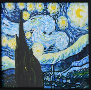 Painting of starry sky in vibrant blues and yellow