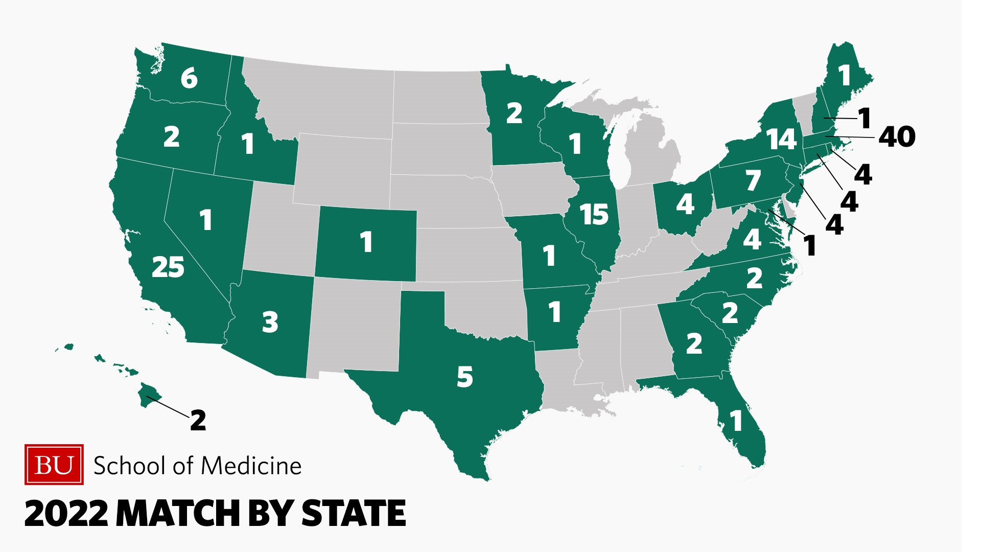 US map with states highlighted where students matched