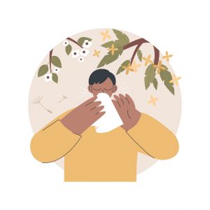 illustration of man blowing his nose surrounded by trees with pollen