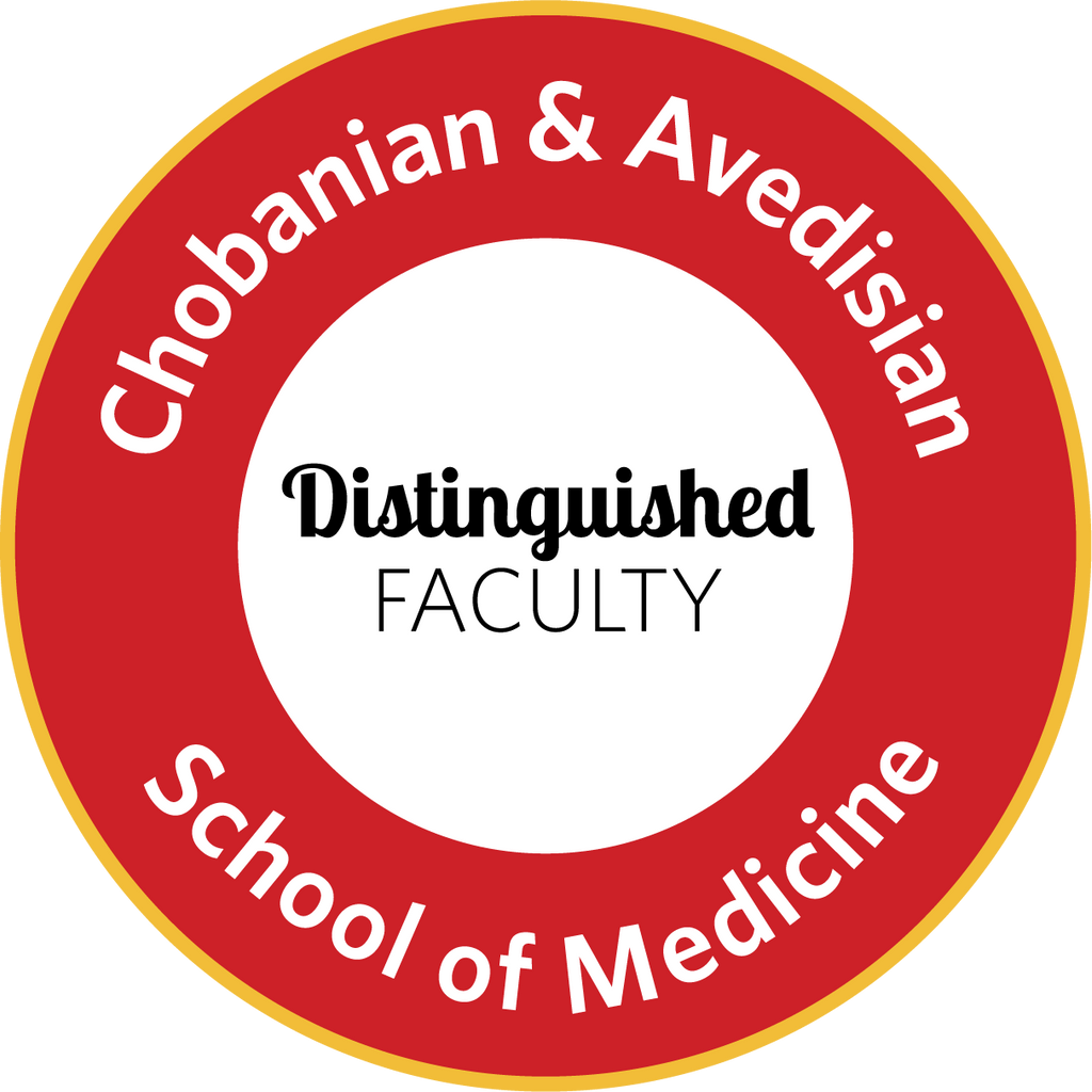 Graphic image of red and white badge for distinguished faculty from Chobanian & Avedisian School of Medicine