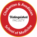 Graphic image of red and white badge for distinguished faculty from Chobanian & Avedisian School of Medicine