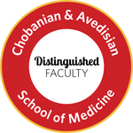 Graphic image of red and white badge for distinguished faculty from Chobanian & Avedisian School of Medicine