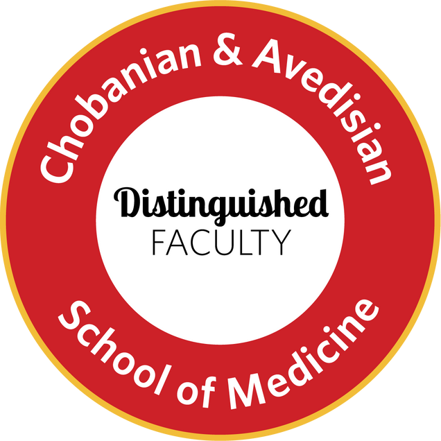 Graphic image of red and white badge for distinguished faculty from Chobanian & Avedisian School of Medicine