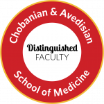 Graphic image of red and white badge for distinguished faculty from Chobanian & Avedisian School of Medicine