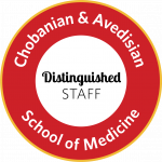 Red and white graphic badge of Disstingueshed staff of the Chobanian & Avedisian School of Medicine