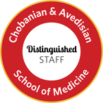 Red and white graphic badge of Disstingueshed staff of the Chobanian & Avedisian School of Medicine