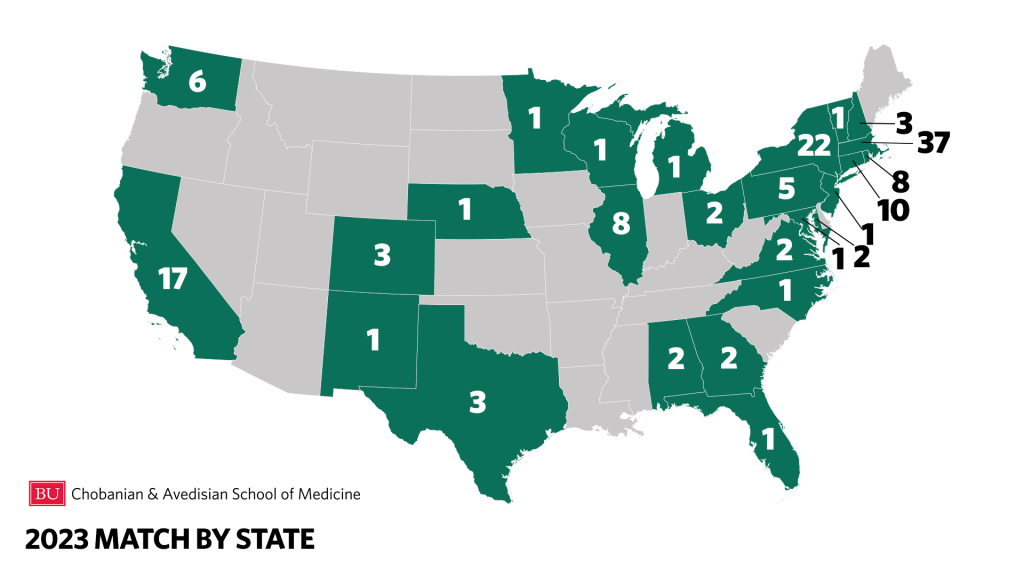 map of continental US with numbers designating student residencies in state