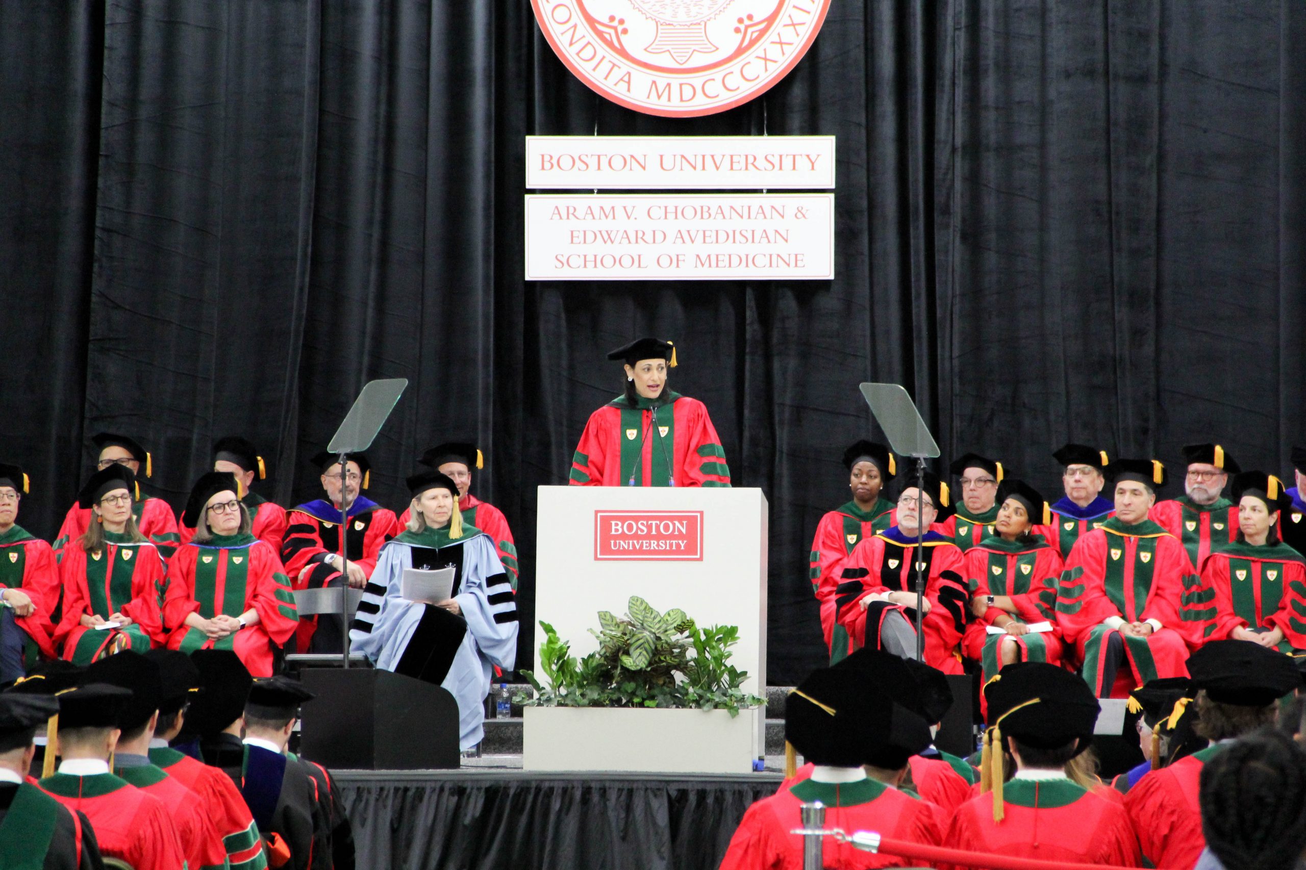 Rochelle Walensky speaking at the MD and PhD convocation ceremony