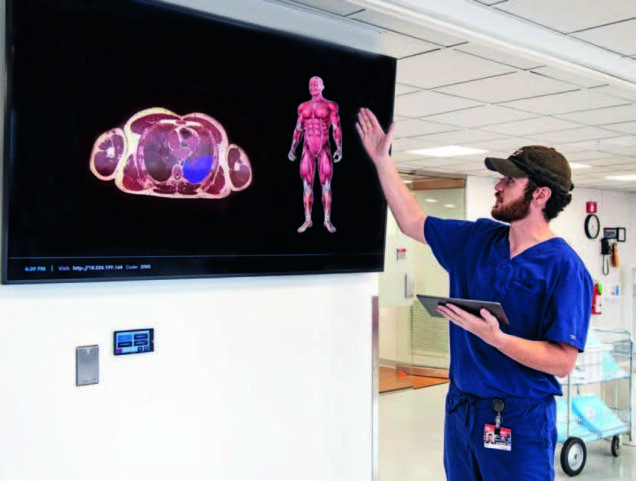 Tyler Capen, a Gross Anatomy Lab research assistant, demonstrates the new VH Dissector that displays 3D and cross-sectional views of anatomical structures.
