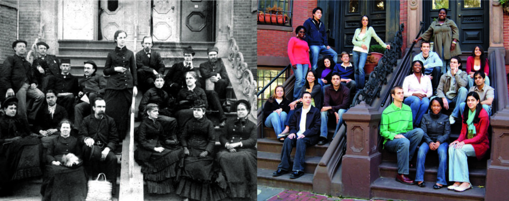 At far left, medical students sit on the steps of a neighborhood brownstone in 1885. One hundred and fifteen years later, medical students gather in 2000 to recreate the photo.