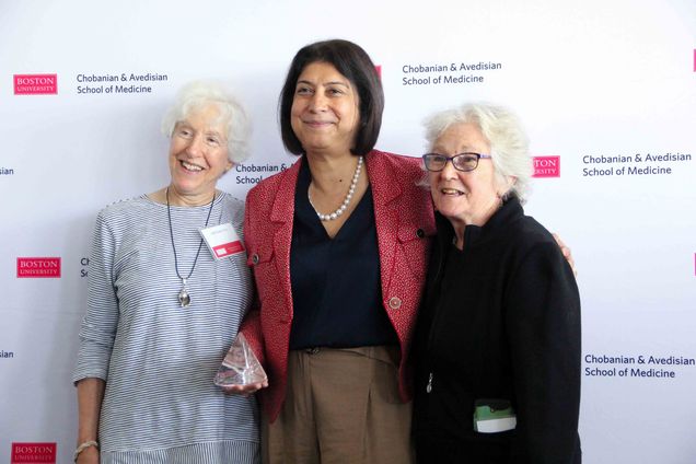 Pictured is Dr. Kewalramani (middle) with her BU mentors Associate Professor of Pharmacology, Physiology & Biophysics Judith Saide, PhD, (left) and Professor of Biochemistry & Cell Biology Vickery Trinkaus-Randall, PhD (right).