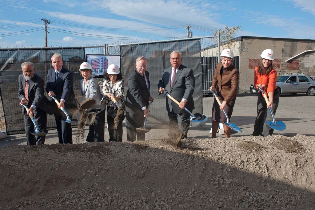 Dr. Antman at Medical Student Residence groundbreaking with other officials shoveling dirt