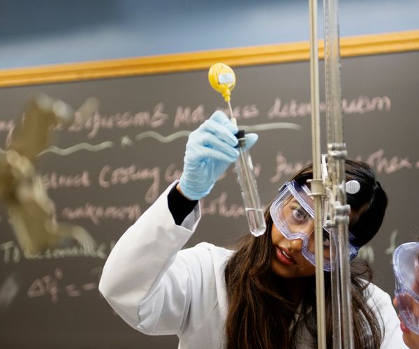 Chemistry student Krishna Singh checks the liquid in a test tube during a chemistry lab.