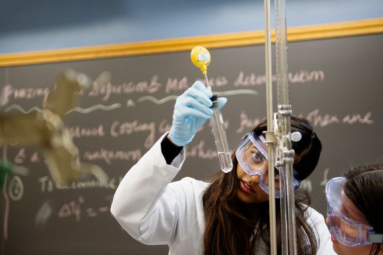 Chemistry student Krishna Singh checks the liquid in a test tube during a chemistry lab.