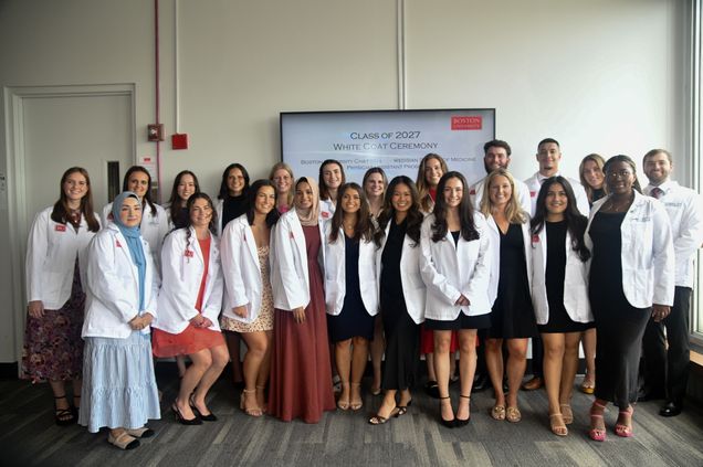 PA whitecoat class of 2027 lined up wearing their whitecoats